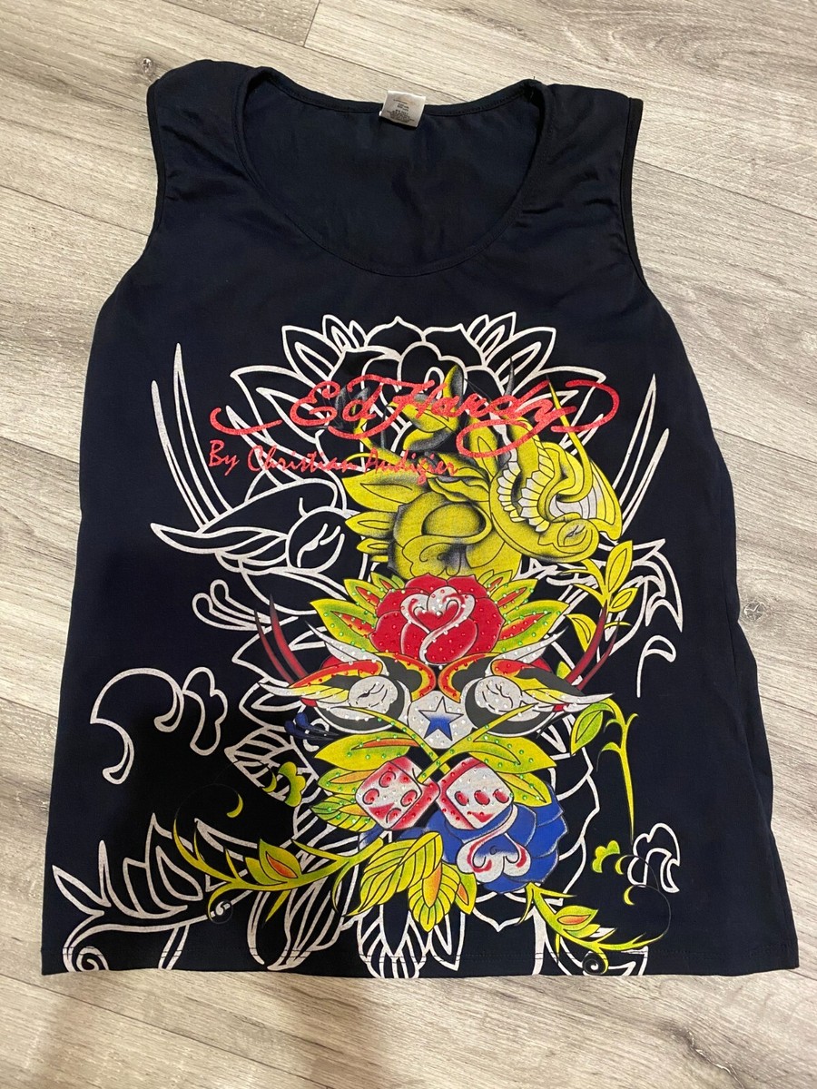 Ed Hardy ストーン ロングタンクトップ Ed Hardy Embellished Sleeveless Cat Tank Top Rhinestone Black Size