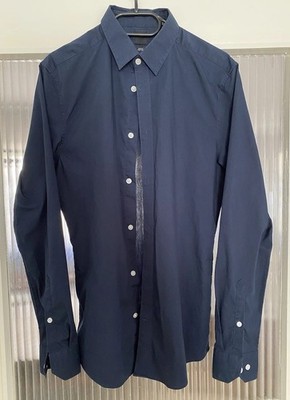 Herren Hemd Dunkelblau Gr. M H&M Slim Fit Weiße Knöpfe Easy Iron 