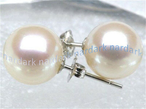 Perfect Round Real Natural White South Sea Pearl Stud Earrings 14K White Gold - Picture 1 of 11