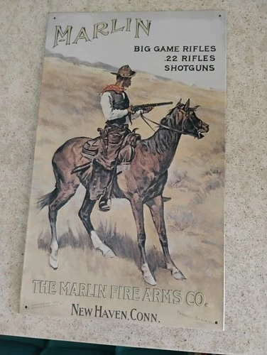 Marlin Firearms Big Game Rifles Co Metal Sign Tin .22 Vintage Garage Bar Rustic