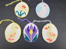 Lot of 5 Assorted Handmade Flat Needlepoint Oval Spring/Easter Egg Ornaments