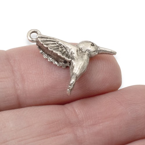 2Pc Silver Hummingbird Charms, Fine Silver-Plated Nature Jewelry, Rustic Birds - Picture 5 of 7
