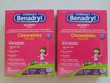 2× Children's Benadryl Allergy Chewables, Grape Flavor,20 tablets Ea EXP 03/2027