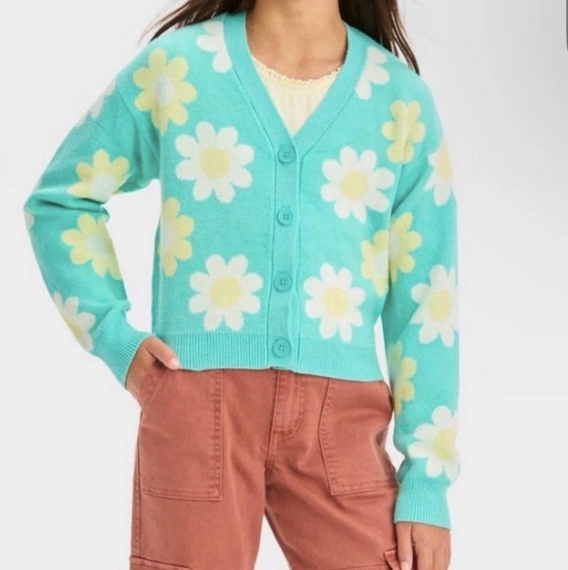 Art Class Floral Cardigan Sweater Knit Button Up Size Large Girls 10/12