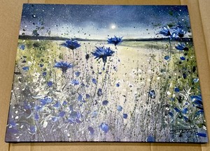 Blue Bachelor Button Flowers Night Moon Canvas Wall Art, Design by 20L" x 16W"