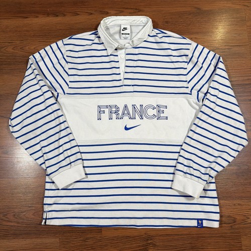 Nike France FFF Long Sleeve Rugby Shirt Jersey Striped White Blue Men's Size M