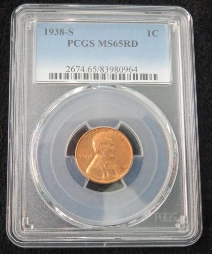 1938-S Lincoln Cent * PCGS Graded MS65RD * Beautiful Coin & Holder