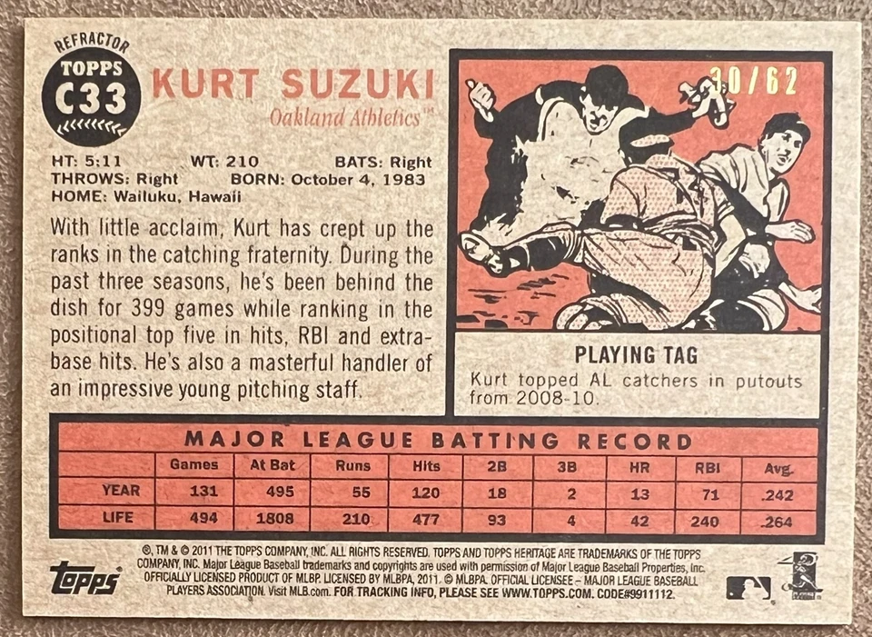 2011 Topps Heritage хром черный переливающийся #C33 Курт Судзуки /62 Athletics A's SP - Изображение 2 из 2