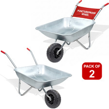 2 x Heavy Duty 65L Galvanised Metal Wheelbarrow Home Garden Cart with PU Wheel