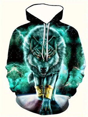 Dark Green/Blue Nebula Wolf Graphic 3D All Over Print Hoodie - Adults & Youth