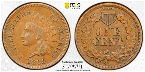 1869 1C Indian Head Penny Cent - PCGS XF45