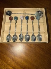 DEMITASSE Spoon Set Twisted Silver Gemstones Lot of 7 BRAZIL Estilo