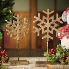 2 Pcs Christmas Wooden Snowflake Table Decor Rustic Gold Snowflakes Tabletop ...