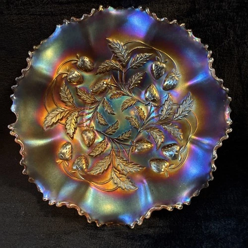 Antique Northwood Carnival Glass Pastel Marigold Ruffled Strawberry Bowl