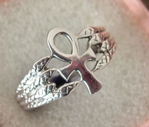 EGYPTIAN ANKH RING - 925 STERLING SILVER. WITH SNAKE BAND - KEY OF LIFE