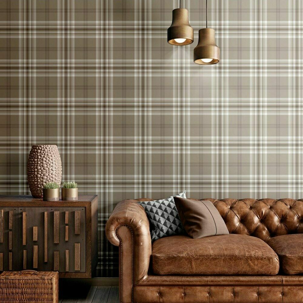 Catheine Lansfield Designer Kelso Check Mushroom Warm Grey Wallpaper 165522