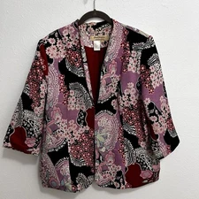 Norm Thompson Red Pink Floral Jacket Blazer Silk Blend Lined Evening Artsy Sz XL