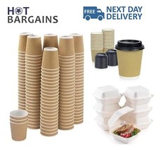 100x 12oz Disposable Coffee Cups with Lids + 100x Bagasse Burger Boxes Combo
