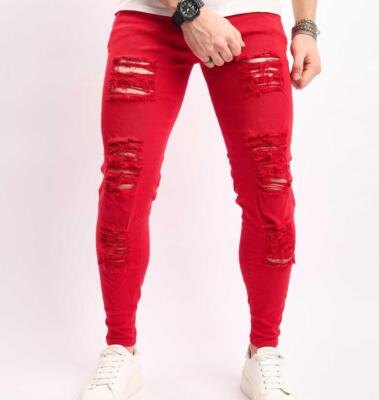 Men's Red Cotton Denim Stretch Jeans Ripped Holes Slim Fit Skinny Pants Hip  Hop