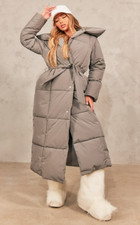 New Women Stone Oversize Maxi Belt Wrap Front Duvet Puffer Coat Uk 8 10 12 14 16
