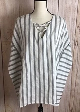 Listicle Striped Boxy Oversized Blouse Sz S Open Sides V-Neck Top Cotton Shirt