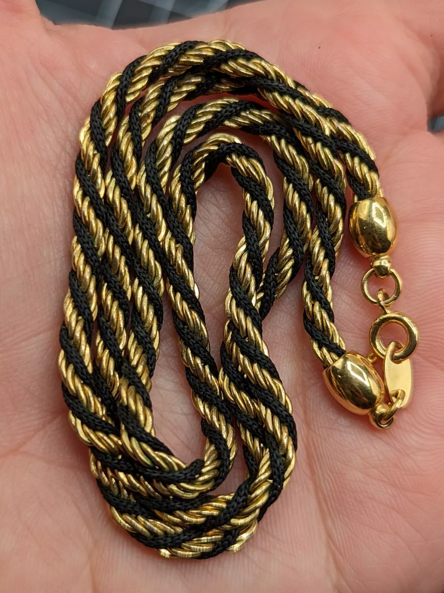 Vintage Trifari Signed Twist Gold Tone Black Cord Rope Chain 18.5 Necklace