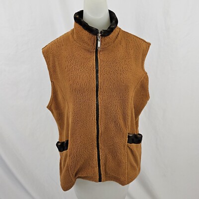 Wooly Bully Wear Women's Fleece Vest Jacket Brownish Orange Faux Fur Trim Medium