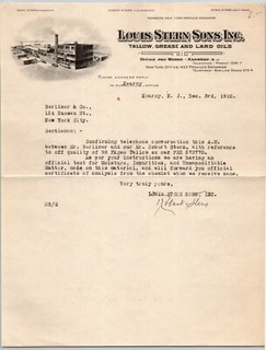 Louis Stern Sons Inc. 1925 Letterhead Kearny NJ Tallow Grease Lard Oils