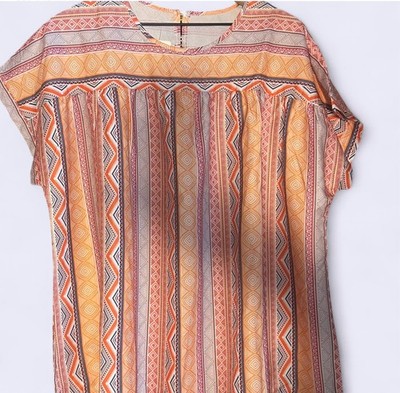 Geometric Bohemian Patterned Orange and Cream 1XL Loose Fitting Tribal Blouse