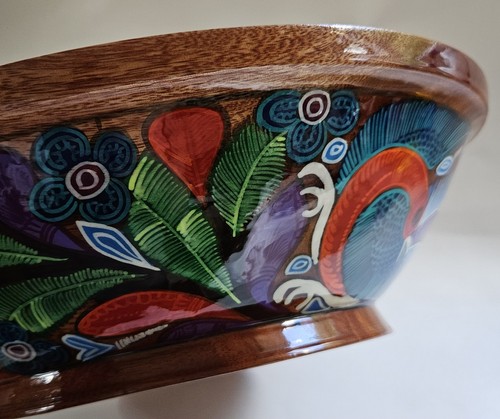 Nuevo Vallarta Mexican Folk Art Peacock Bird Hand Painted Wooden Bowl Signed 12" - Picture 9 of 17