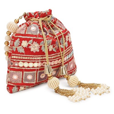 Indian Embroidered Pearl Potli Bag For Women, Sequence Design with Tassel, We...