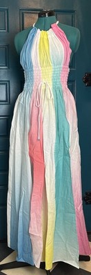 A Mere CO Dress Women's XS Rainbow Ombre Halter Smocked Maxi Slits Resort Linen
