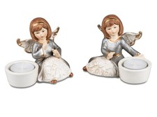 Porzellan Engel mit Teelichthalter "Handarbeit" 2er Set