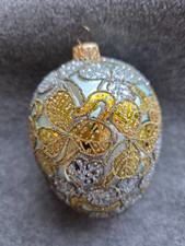 Hand-blown Glass Egg-shaped Christmas Ornament with glittered filigree 5"