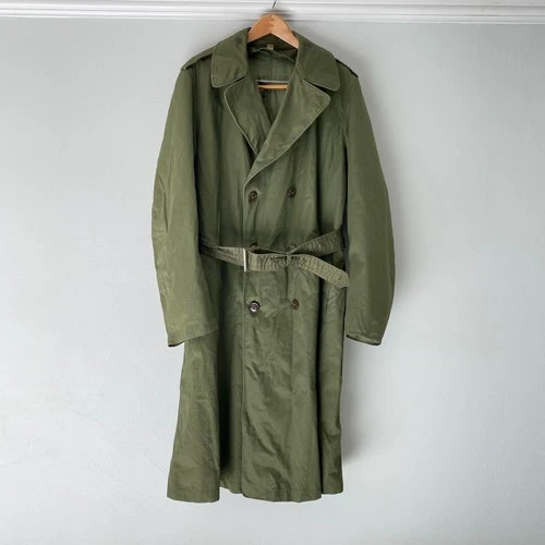 Vtg WWII US Military Belted Wool Lined Trench Coat Large Long 50s 60s Korean war