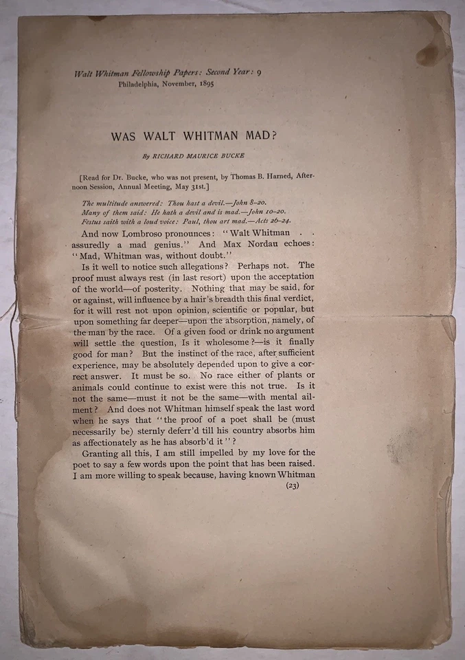 1895, WAS WALT WHITMAN MAD?, by RICHARD MAURICE BUCKE, FELLOWSHIP PAPERS: 2d: 9 - Image 2 of 4
