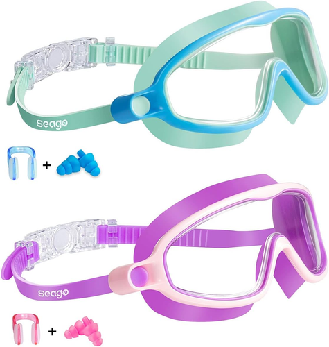 Swim Goggles 2 Pack Anti-Fog Anti-UV Wide View Swimming Goggles for Kids 3-15