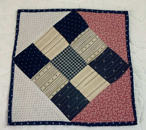 Vintage Patchwork Quilt Table Topper, Early Calico Prints, Nine Patch, Navy - Picture 2 of 11