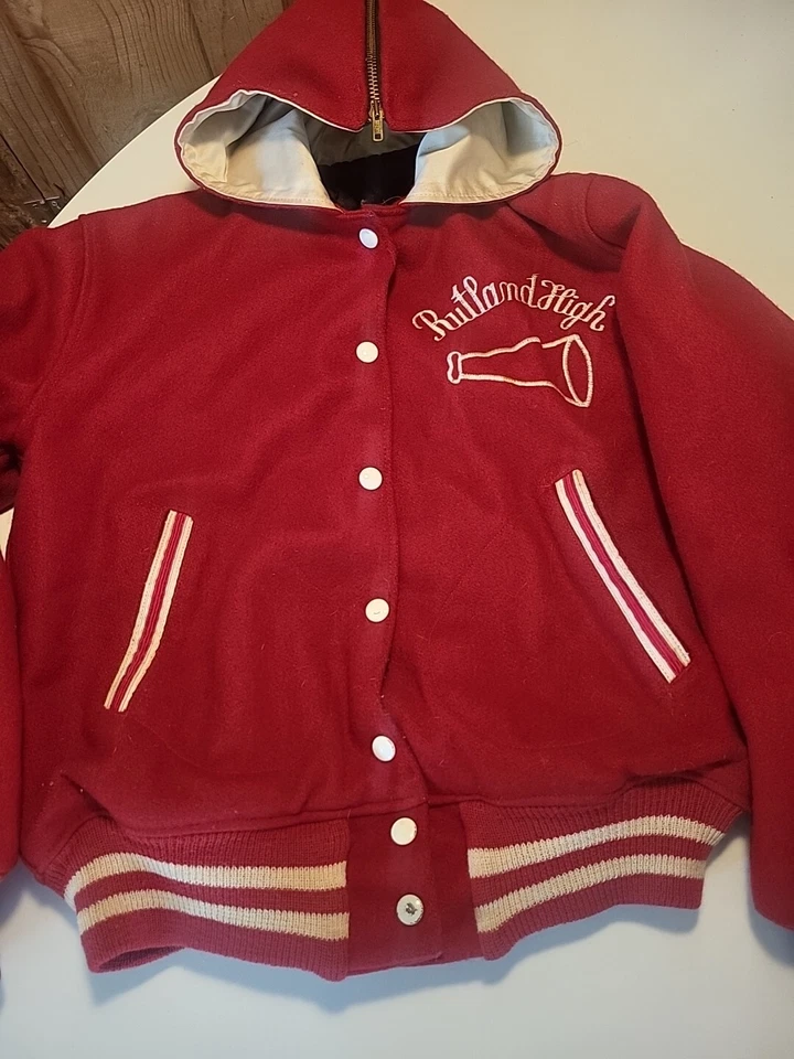 CHAQUETA UNIVERSITARIA de lana vintage años 80 capucha dividida a presión S/M MUJER LETTERMAN ROJO Foto 2 de 4