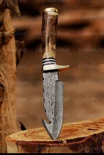 Handmade Damascus Fixed Gut-Hook Blade Skinner Knife Stag Antler Handle -400x