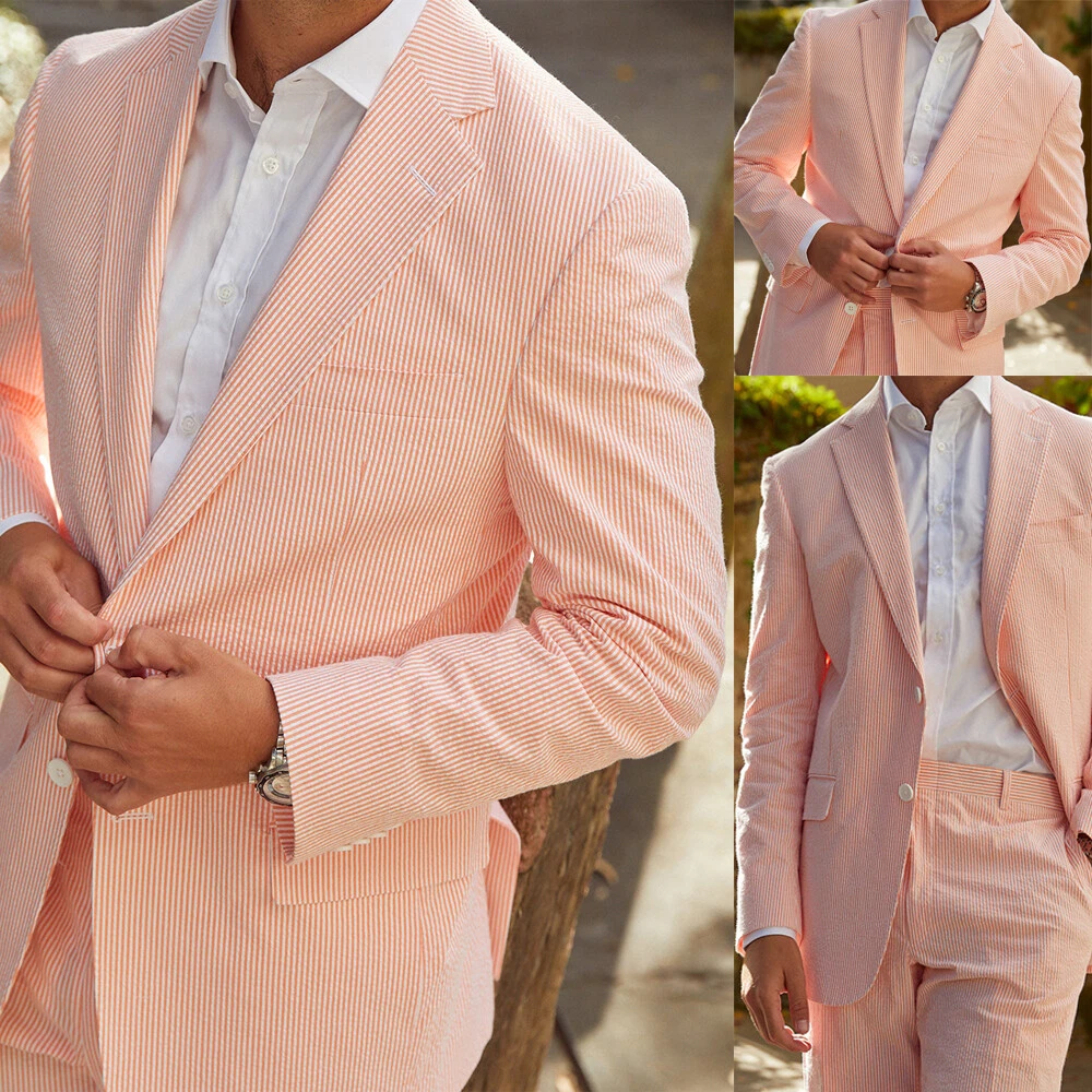 Orange Men's Suits Summer Seersucker Wedding 2 Pieces Groom Tuxedos Causal Wear
