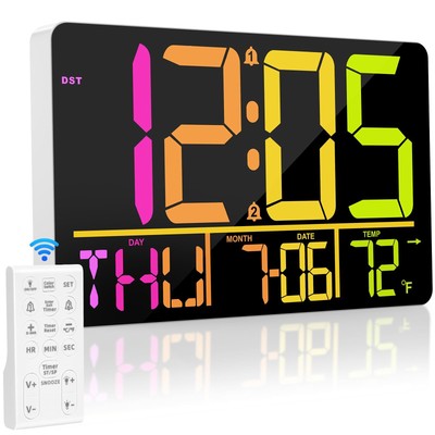 13'' Large Digital Wall Clock with Remote, RGB Color Changing, 25 Ringtones, 0...