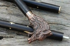 Walking Stick Cane Wolf Wooden Handle Head Vintage Canes Brass Handmade Carved A