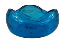 Murano Blue Art Glass Controlled Bubble Hand Blown Cigar Ashtray Candy Dish