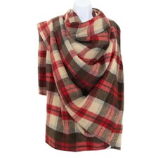 Poncho Jacket Blanket Wrap Shawl Cape Coat Red Brown Plaid Thick Vtg Ella Blue