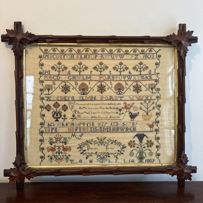 Vintage sampler birds flowers ABC s between antique walnut frame