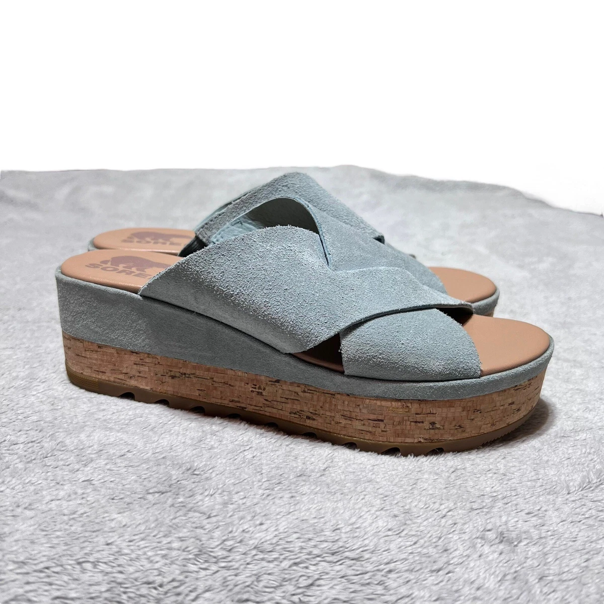 Sorel Wedges Mules Sandals Womens 7.5 US Cameron Flatform Blue Suede Leather