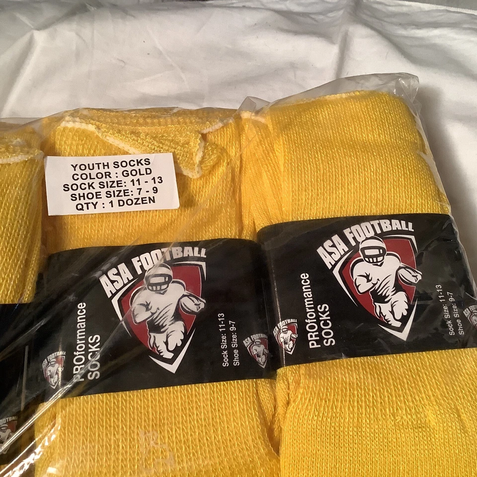 NIP -12 PAIRS ASA FOOTBALL YOUTH SOCKS GOLD SOCK SIZE 11-13 SHOE SIZE 7-9 SCARCE - Image 3 of 4