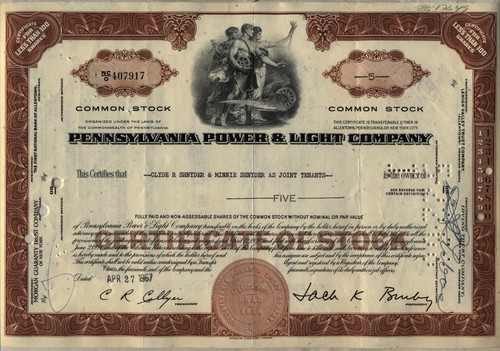Pennsylvania Power & Light Company 2 Color Stock Certificate Set PPL - Picture 3 of 3