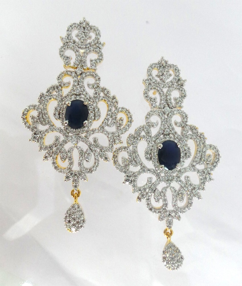 Elegant Blue CZ Statement Earrings with Gold-Plated Design for Women-image